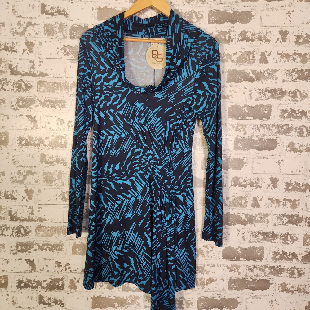 BCBGeneration Dress Blue Marine Abstract Palm Print‎ Costal Modern Med Mock Neck
